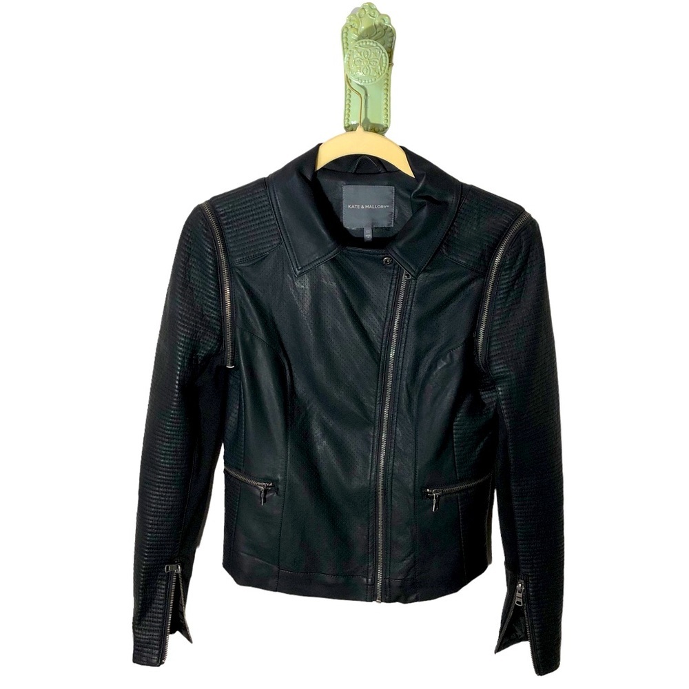 Faux Leather Moto Jacket NEW Convertible Zip Vest Knit Pin Dot Stitch Black